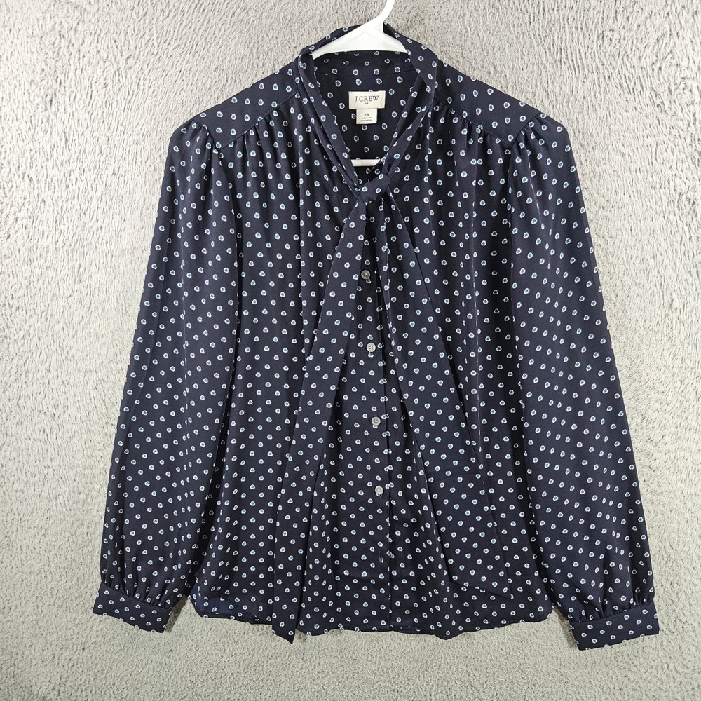 J.Crew Womens XS Navy Blue Floral Tie Neck Button Down Blouse Long Sleeve Top
